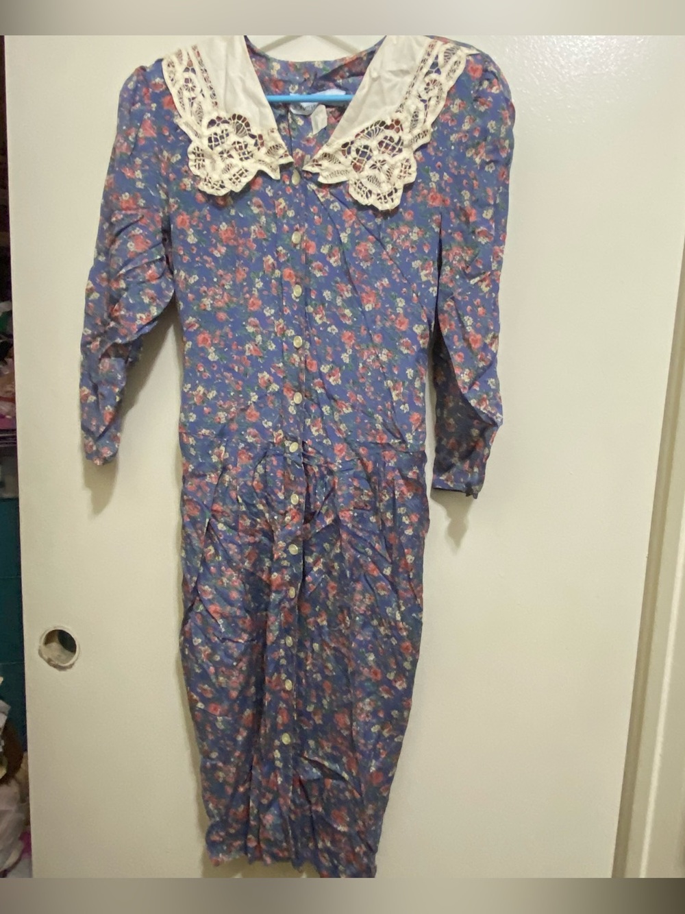 Vintage Jonathan Martin Womens Size 5 6 34” Midi Dress Blue Floral Lace Neck